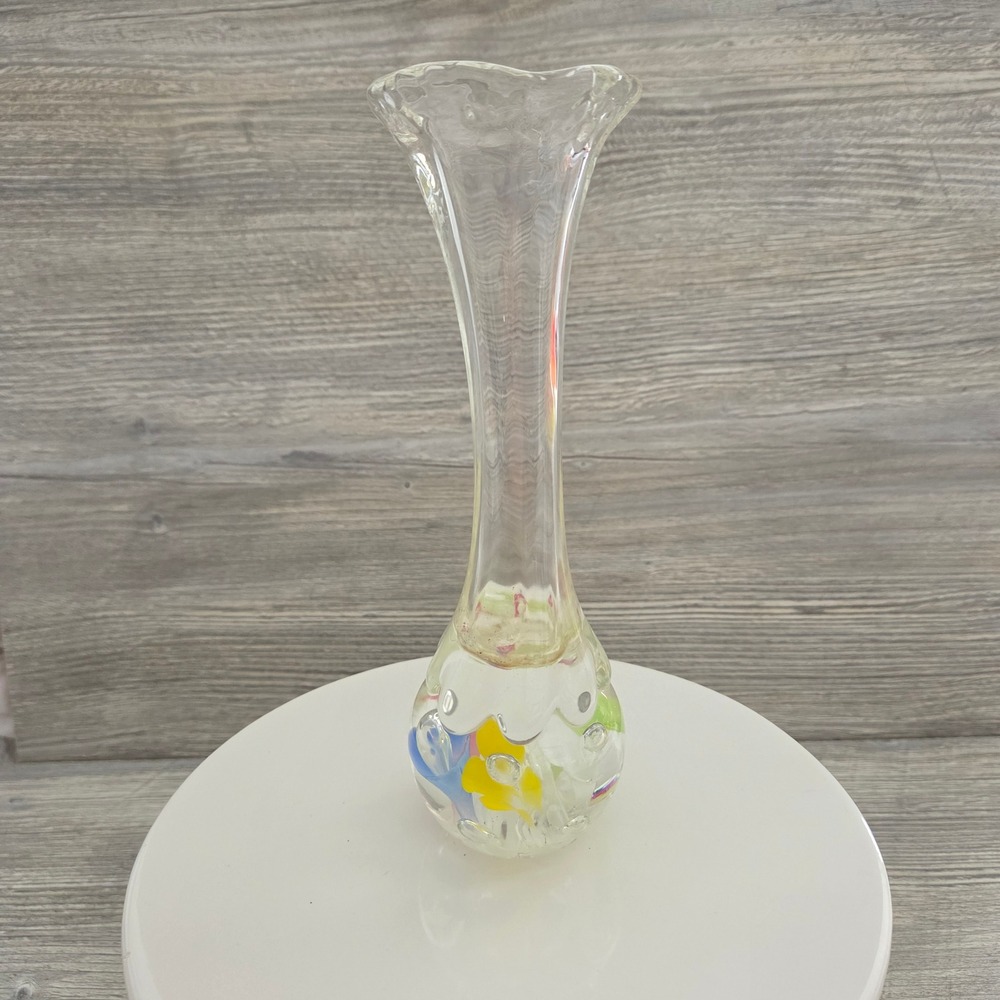 Bud Vase Clear Multi Floral Paperweight Base Art Glass Italy 8.5in